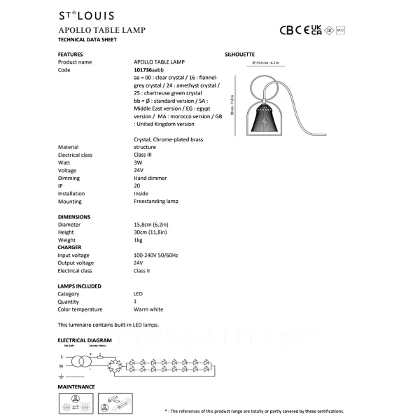 saint louis apollo table lamp technical sheet