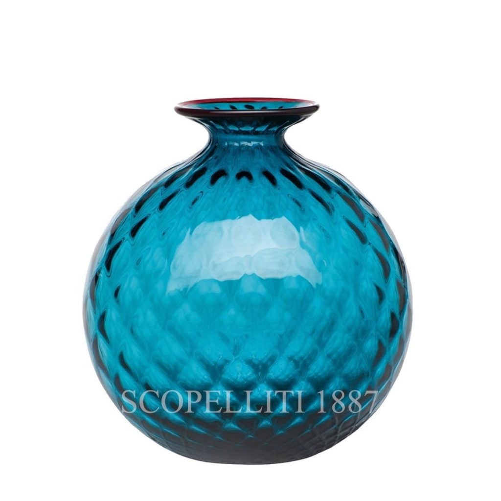 Vase Venini Balloton Vert Pomme Fil Rouge - Soufflé à La Main, Verre De Murano, Hauteur 24,5 Cm, Neuf