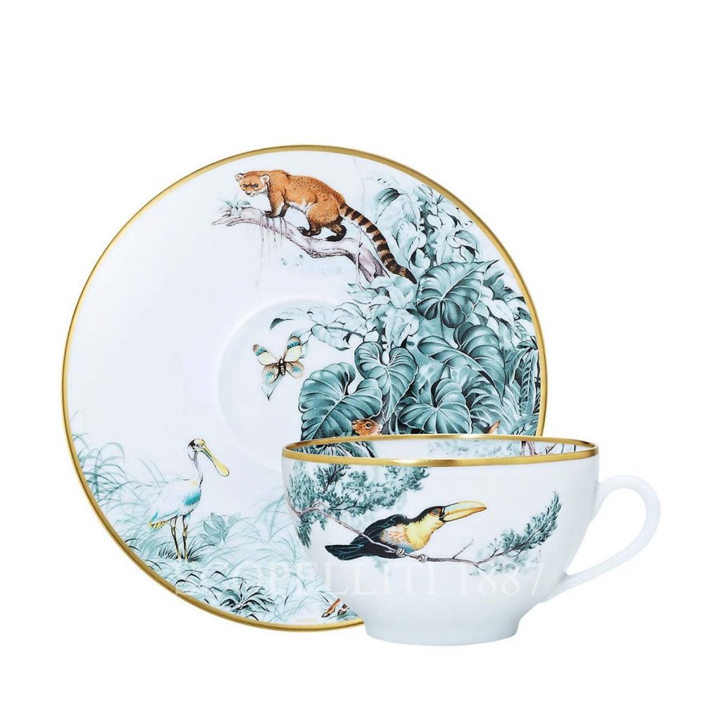 Service à Thé Hermès Carnets D'Equateur - 2 Tasses Et 2 Soucoupes - Porcelaine Blanche Or 24K - Neuf Authentique