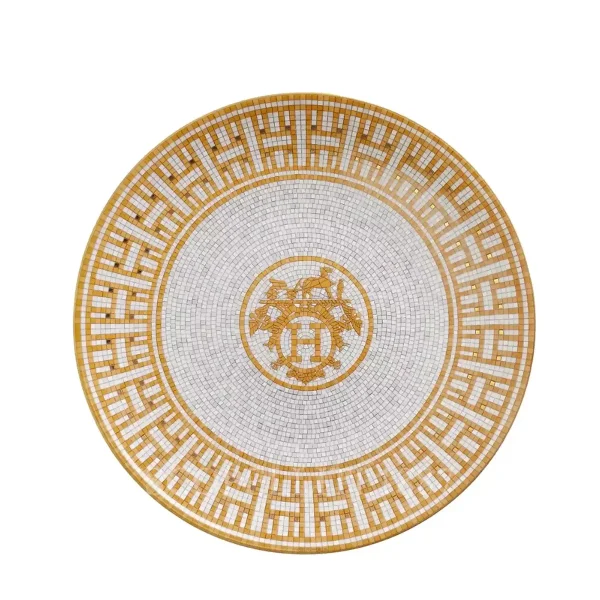 hermès mosaique au 24 dessert plate detail with gold geometric pattern
