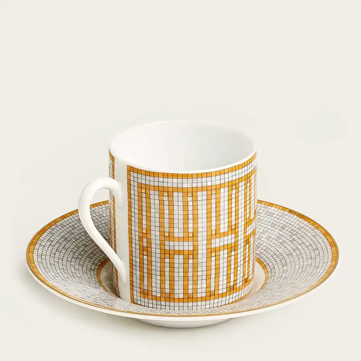 hermès mosaique au 24 coffee cup and saucer in limoges porcelain with gold mosaic decoration