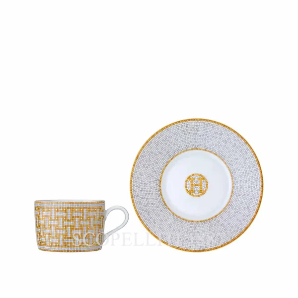 hermès mosaique au 24 tea cup detail with gold mosaic pattern