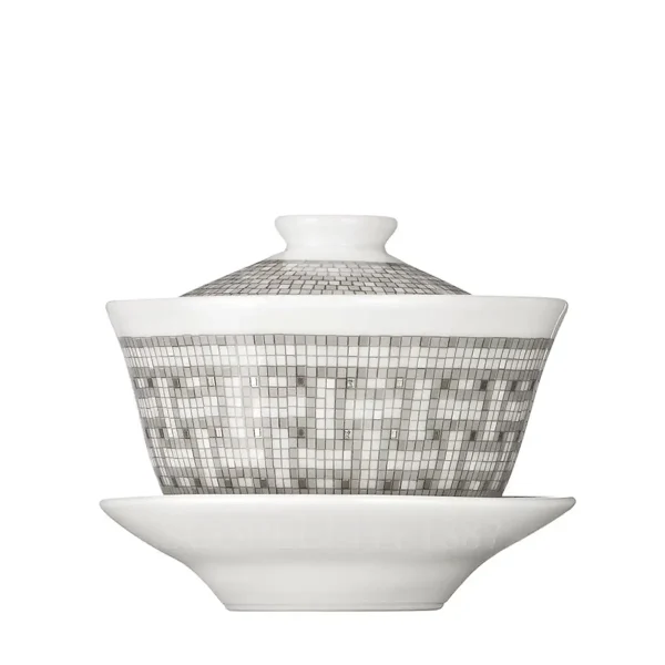 hermes mosaique au 24 platinum tea cup with lid and saucer in porcelain