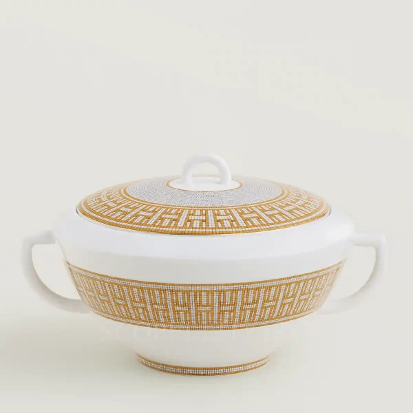 hermès mosaique au 24 soup tureen with lid and gold mosaic decoration