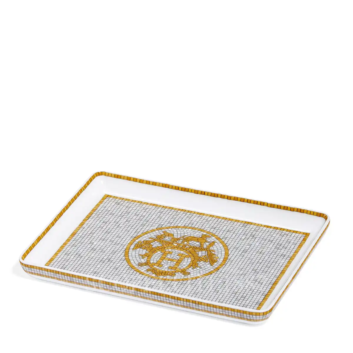 hermès mosaique au 24 rectangular plate with gold geometric mosaic pattern side view