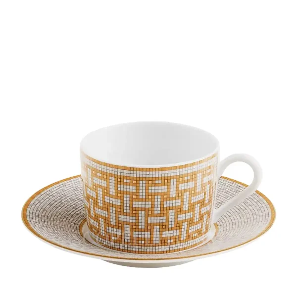 hermès mosaique au 24 coffee cup and saucer set with gold mosaic decoration