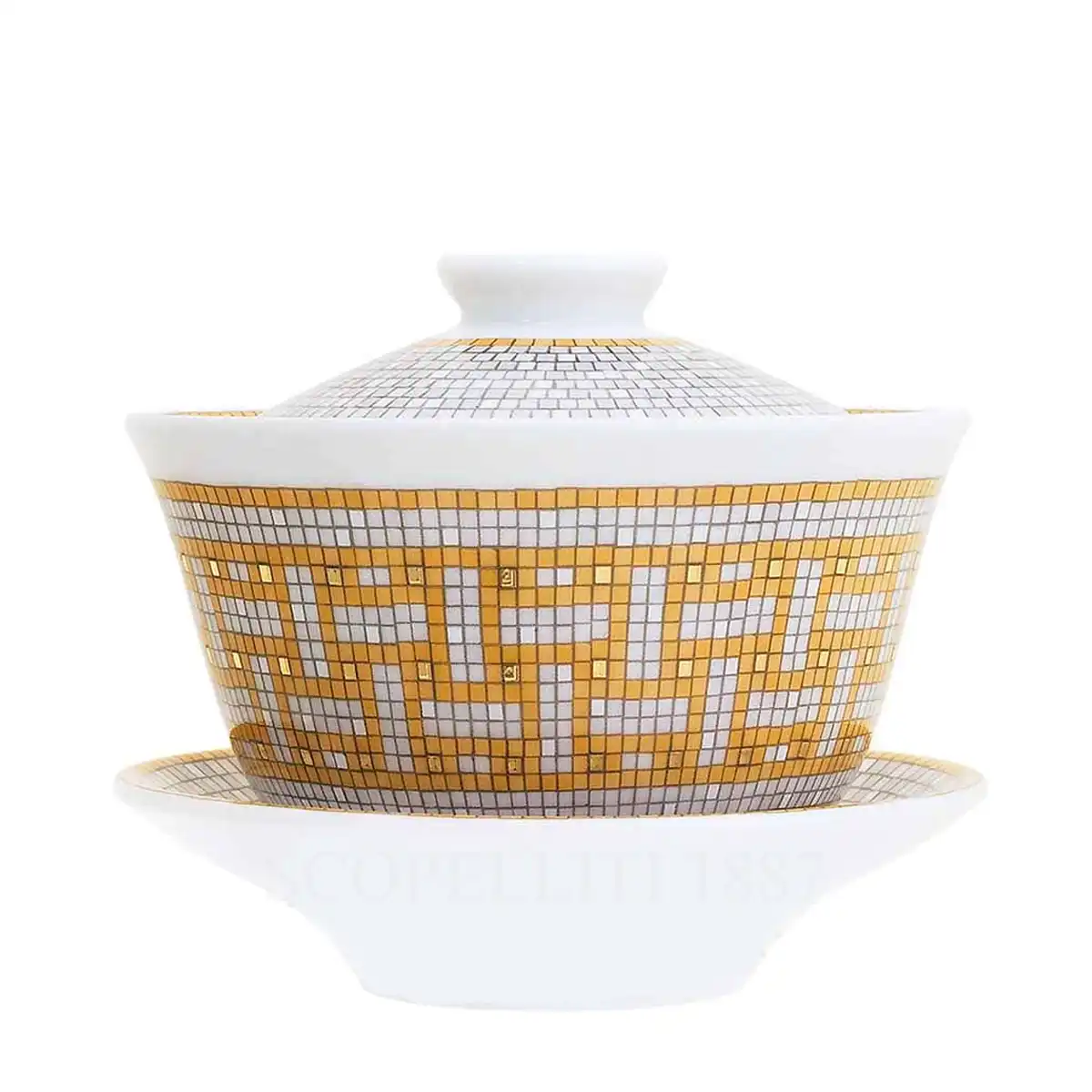 hermès mosaique au 24 tea cup with lid in limoges porcelain with gold mosaic decoration