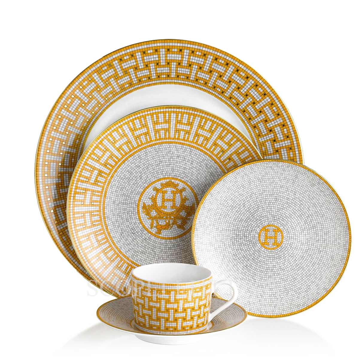 HERMES Mosaique Au 24 Tea Cup Saucer Tableware 2 set Gold Dinnerware Coffee