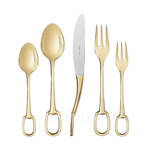 hermes attelage gold-plated cutlery 5 piece place setting