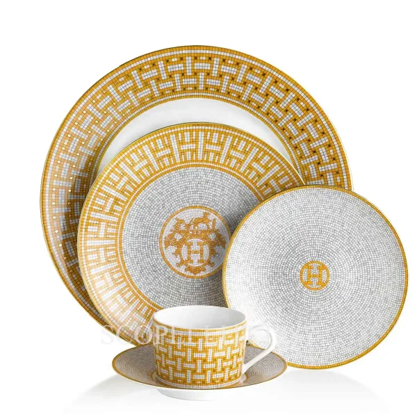 hermès mosaique au 24 5 piece place setting in limoges porcelain with gold mosaic decoration