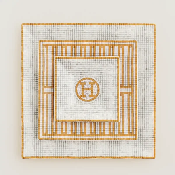 hermès mosaique au 24 square plate set of 3 in limoges porcelain with gold mosaic decoration