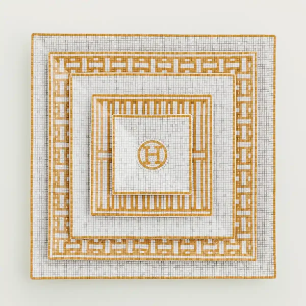 hermès mosaique au 24 square plate set of 5 in limoges porcelain with gold mosaic decoration