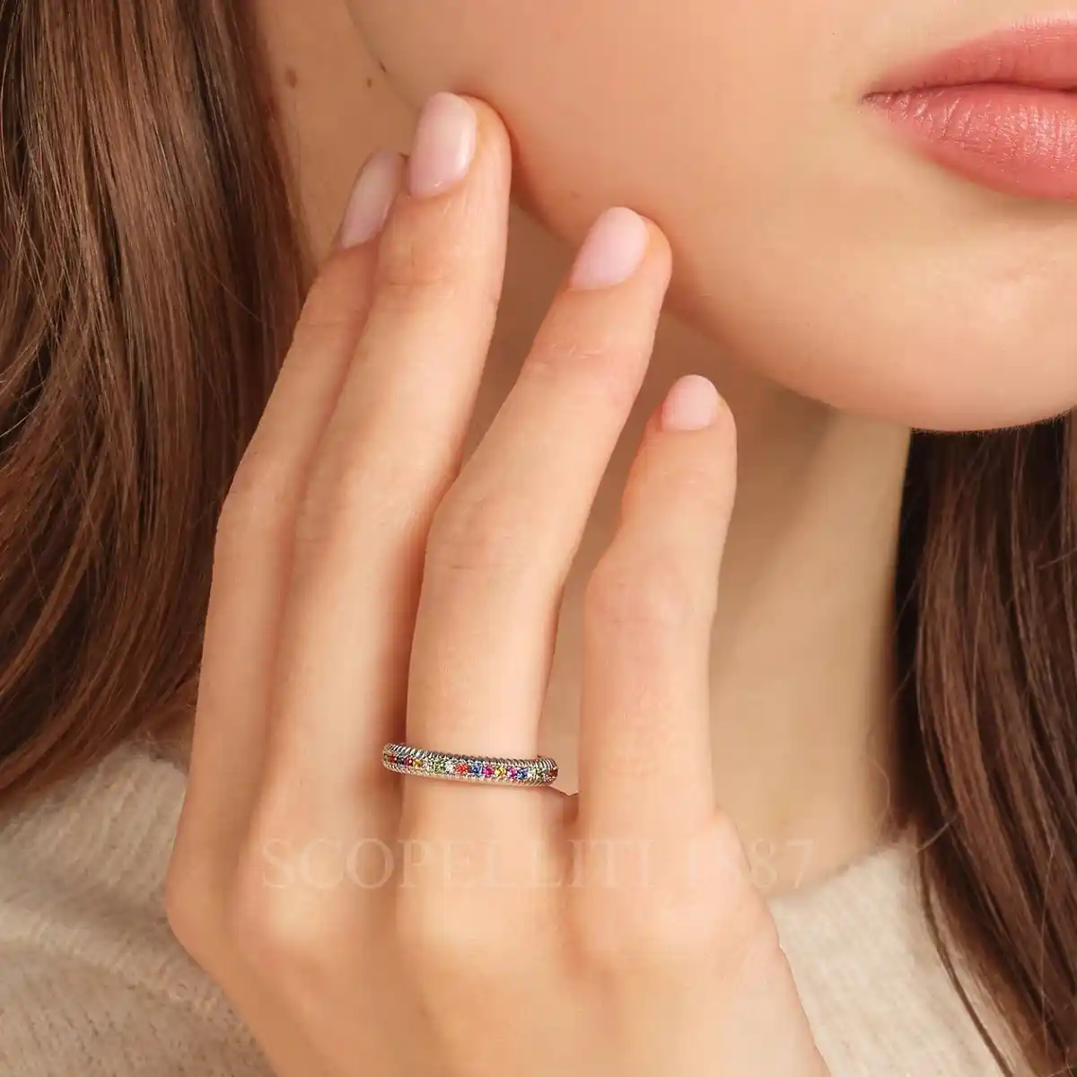 fabergé white gold eternity ring with mixed gemstones