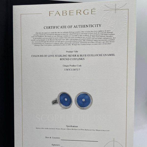 faberge cufflinks blue certificate