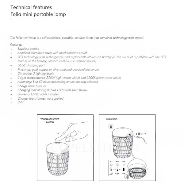 saint louis folia mini portable lamp copper finish technical sheet