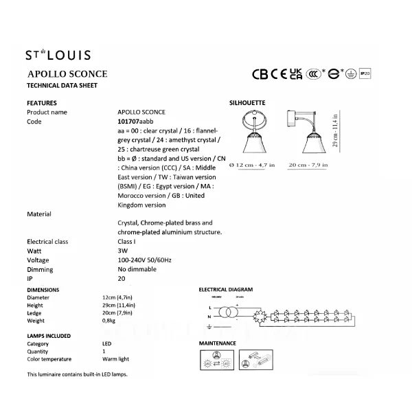 saint louis apollo wall sconce technical sheet