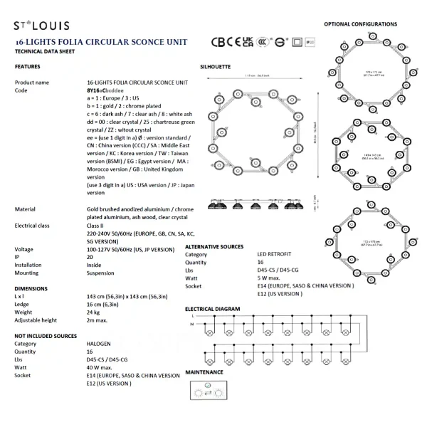 saint louis folia 16 light circular wood sconce technical sheet