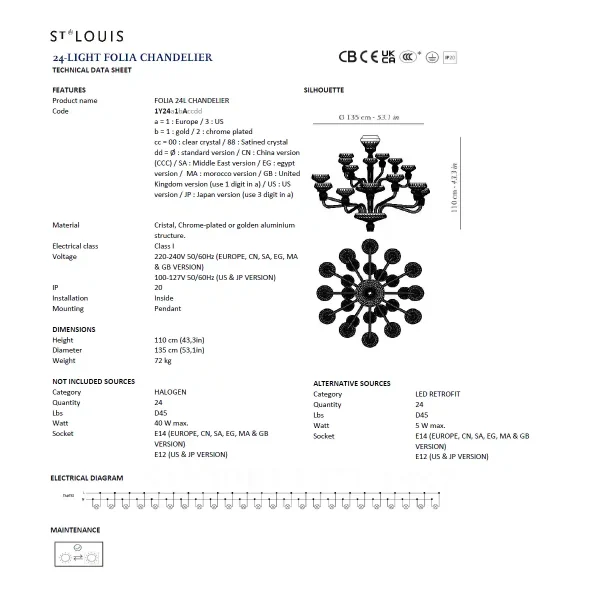 saint louis folia 24 light chandelier chrome technical sheet