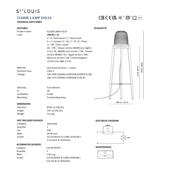 saint louis folia dark wood floor lamp technical sheet