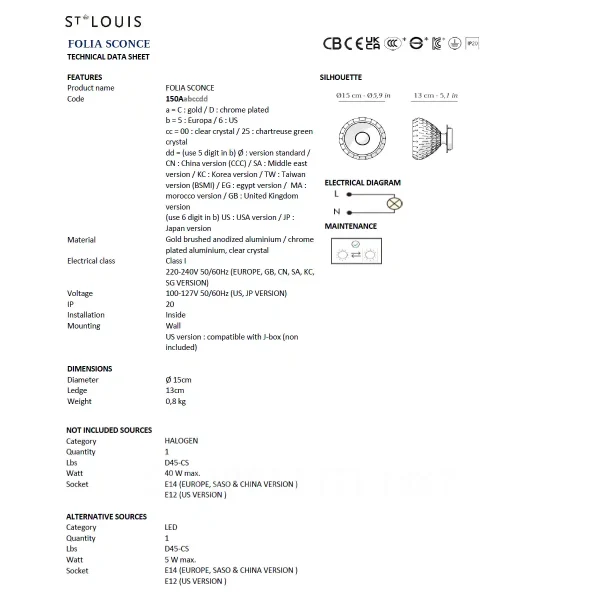 saint louis folia chrome plated finish sconce technical sheet