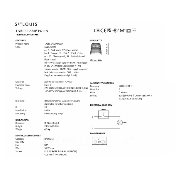 saint louis folia wood table lamp technical sheet