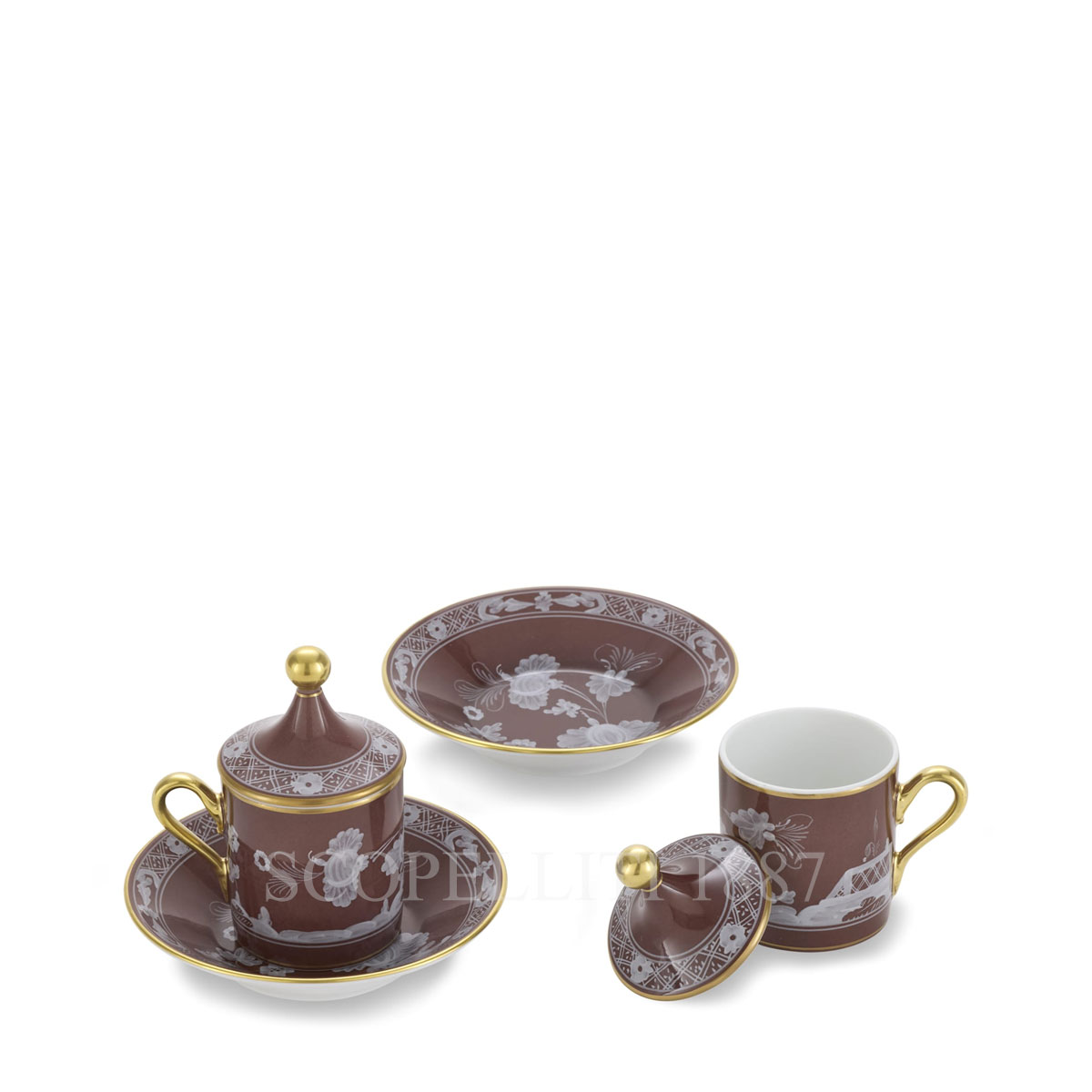 ginori 1735 oriente italiano castagna coffee set for two open