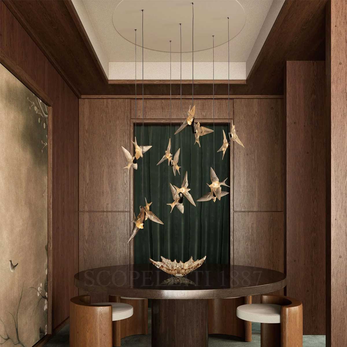 Lalique 2 Swallows Satin Gilded Ceiling Lamps Photo