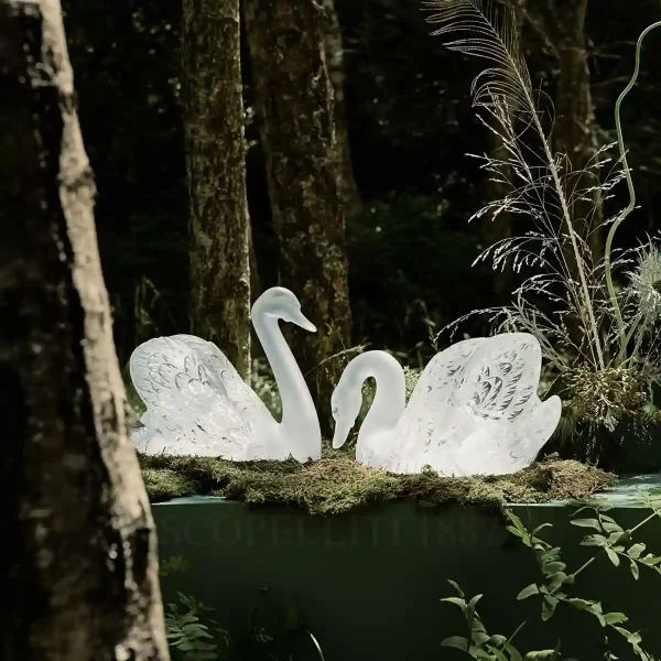 lalique swan head down head up sculptures