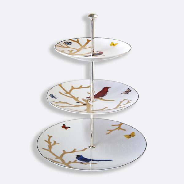 bernardaud aux oiseaux 3 tier tray in limoges porcelain with hand-painted bird motifs
