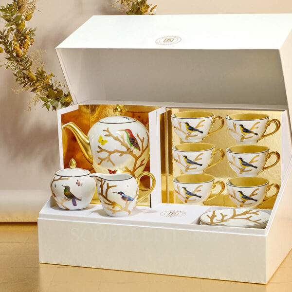 bernardaud aux oiseaux tea gift case with teapot, creamer, sugar bowl, and 6 tea cups with saucers in limoges porcelain