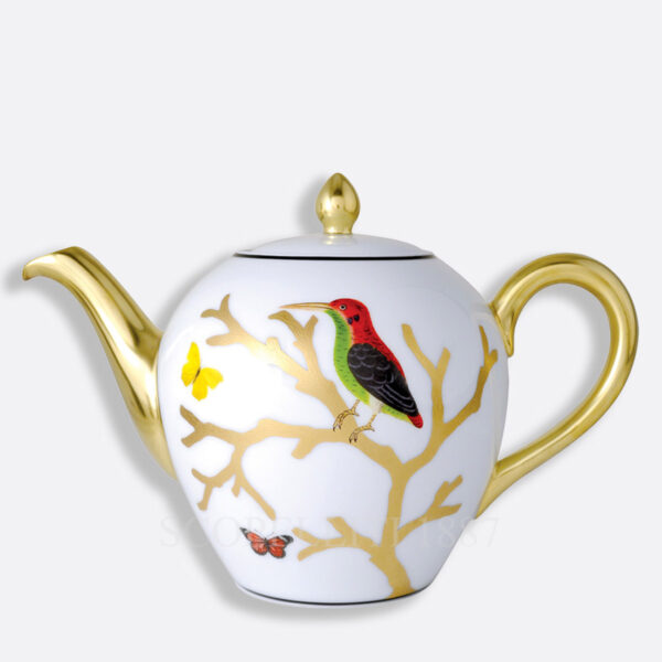 elegant bernardaud aux oiseaux tea pot in limoges porcelain with hand-painted birds and gold accents. serves 12 cups, perfect for tea parties or collectible display.