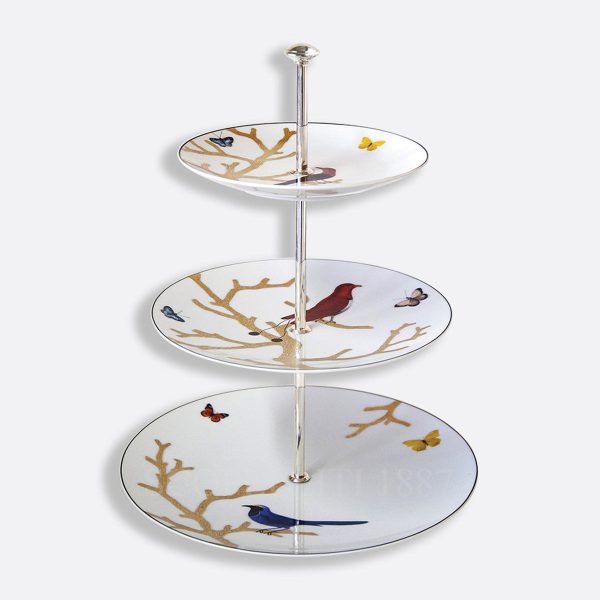 bernardaud aux oiseaux 3 tier tray in limoges porcelain with hand-painted bird motifs