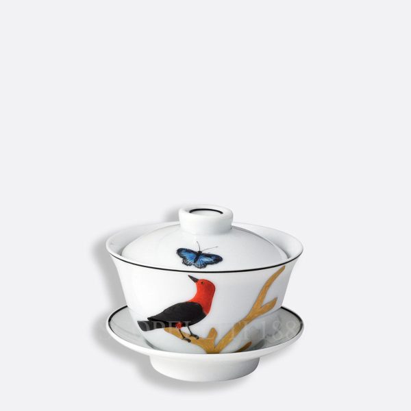 bernardaud aux oiseaux small covered cup in limoges porcelain with hand-painted bird motifs