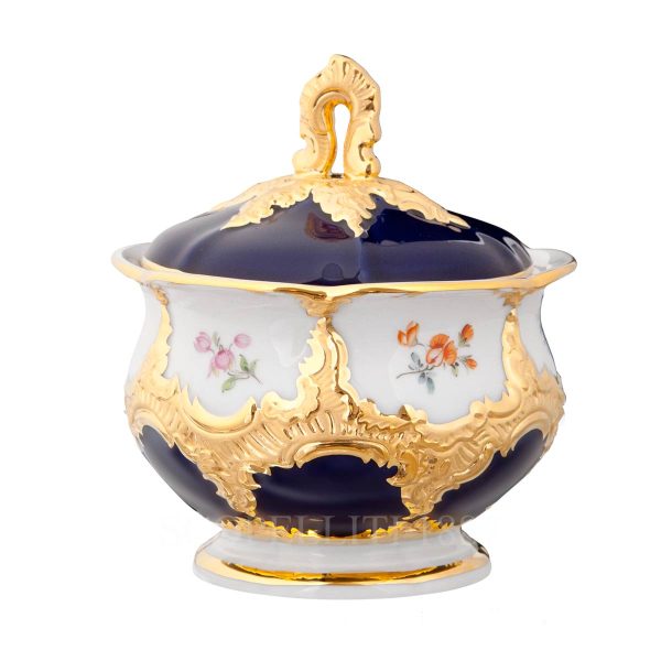 meissen strewn flowers sugar bowl cobalt blue