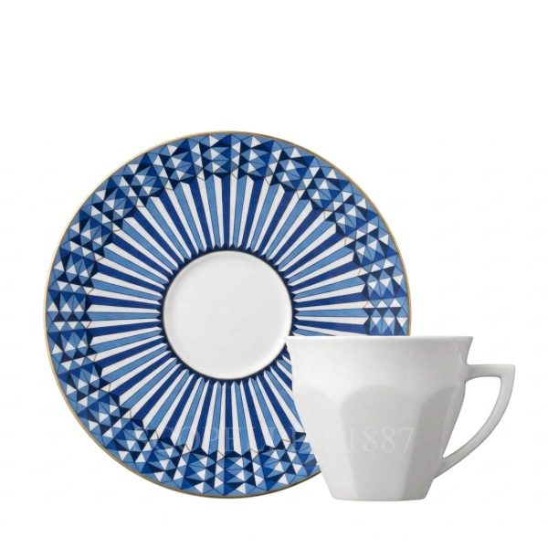 set of 2 baccarat coffee cup and saucer arcadia in blue with gold detaling