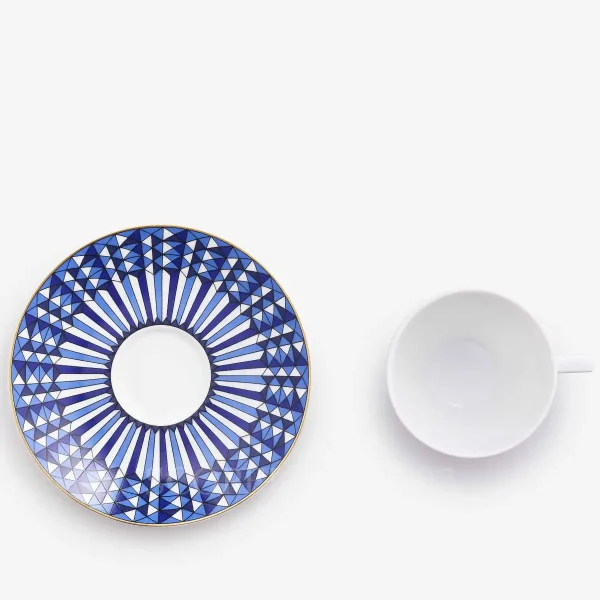 set of 2 baccarat coffee cup and saucer arcadia in blue with gold detaling