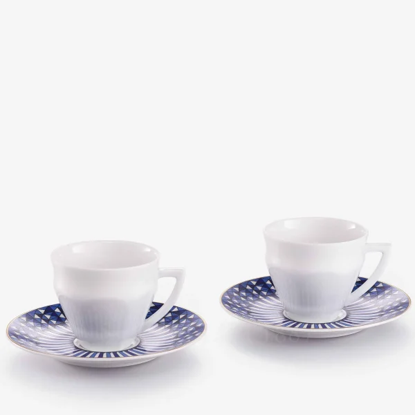 set of 2 baccarat coffee cup and saucer arcadia in blue with gold detaling