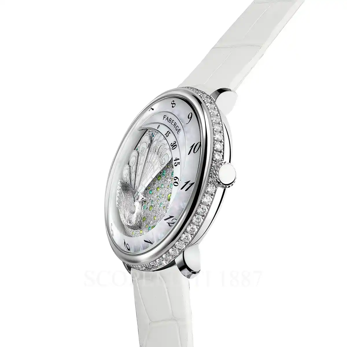 fabergé compliquee peacock diamond watch side view
