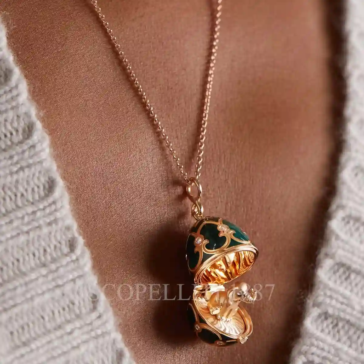 faberge egg pendant necklace green elephant
