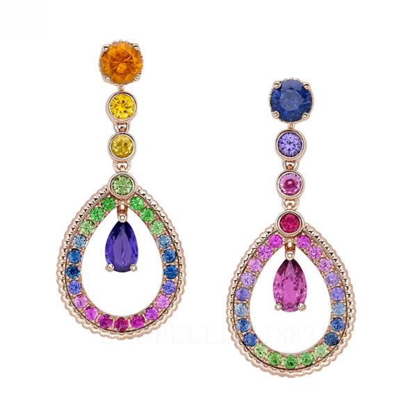 fabergé 18k rose gold teardrop earrings with amethyst, sapphires and Mozambique rubies in a rainbow gemstone design