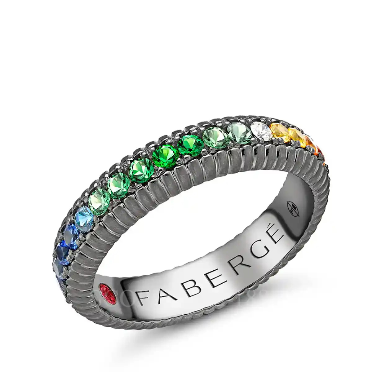 faberge rhodium plated wide eternity ring with mixed gemstones