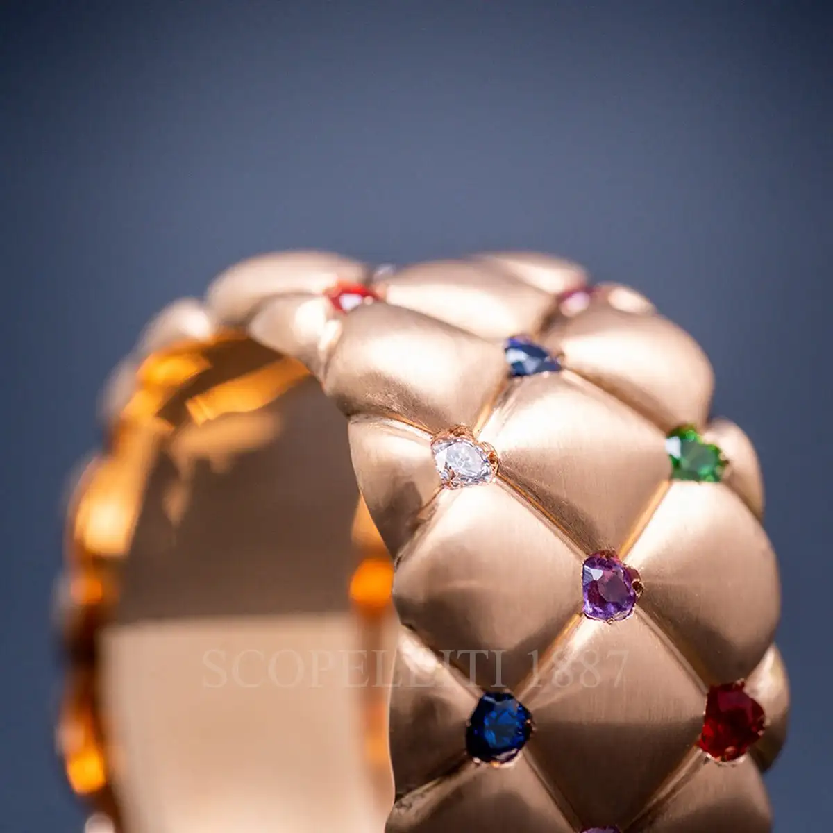 fabergé 18k rose gold multicoloured wide ring treillage detail