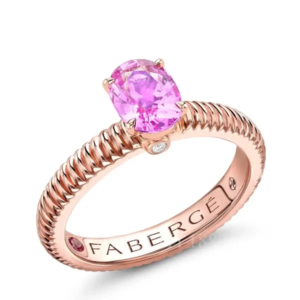 fabergé rose gold solitaire ring with large pink sapphire