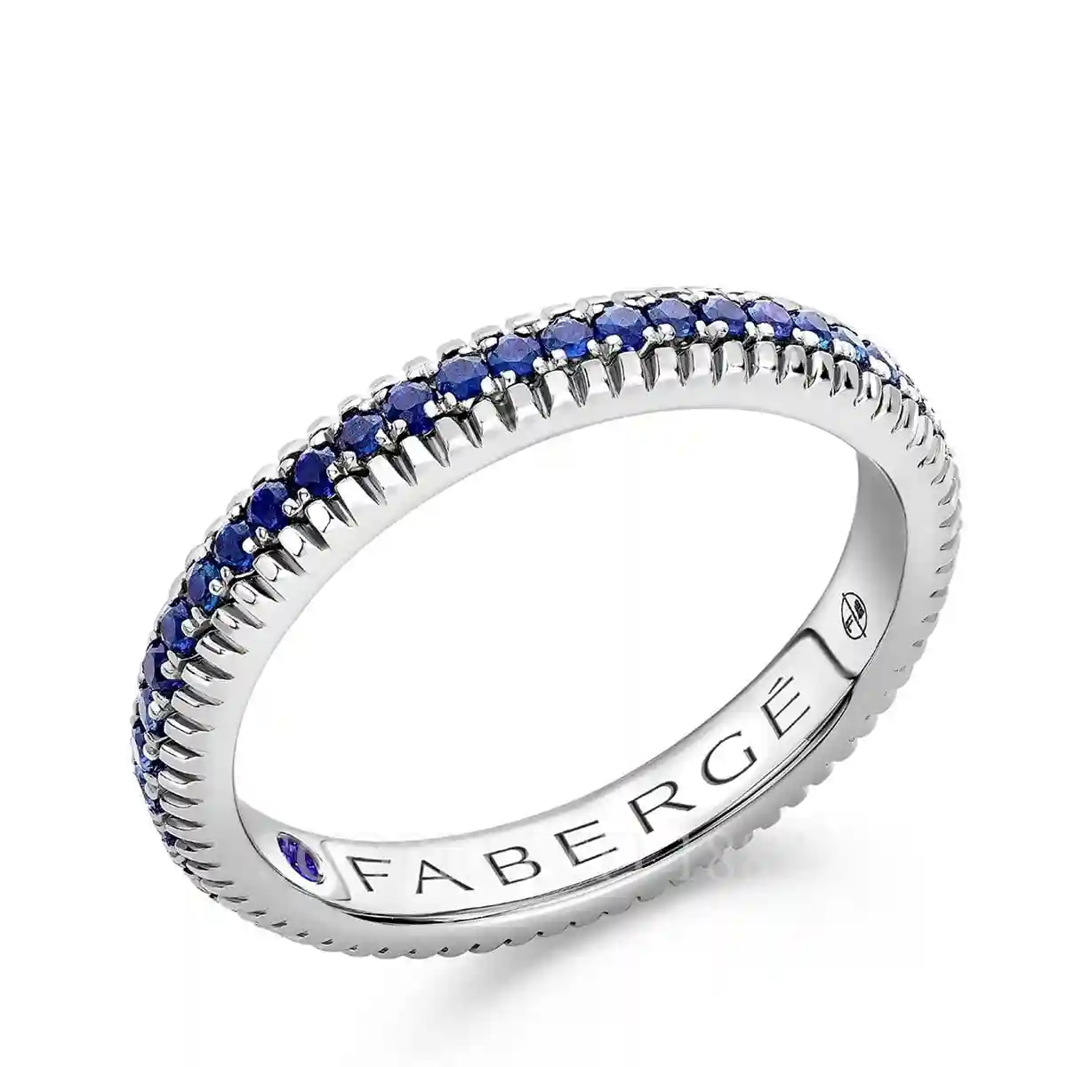 faberge white gold eternity ring with blue sapphires