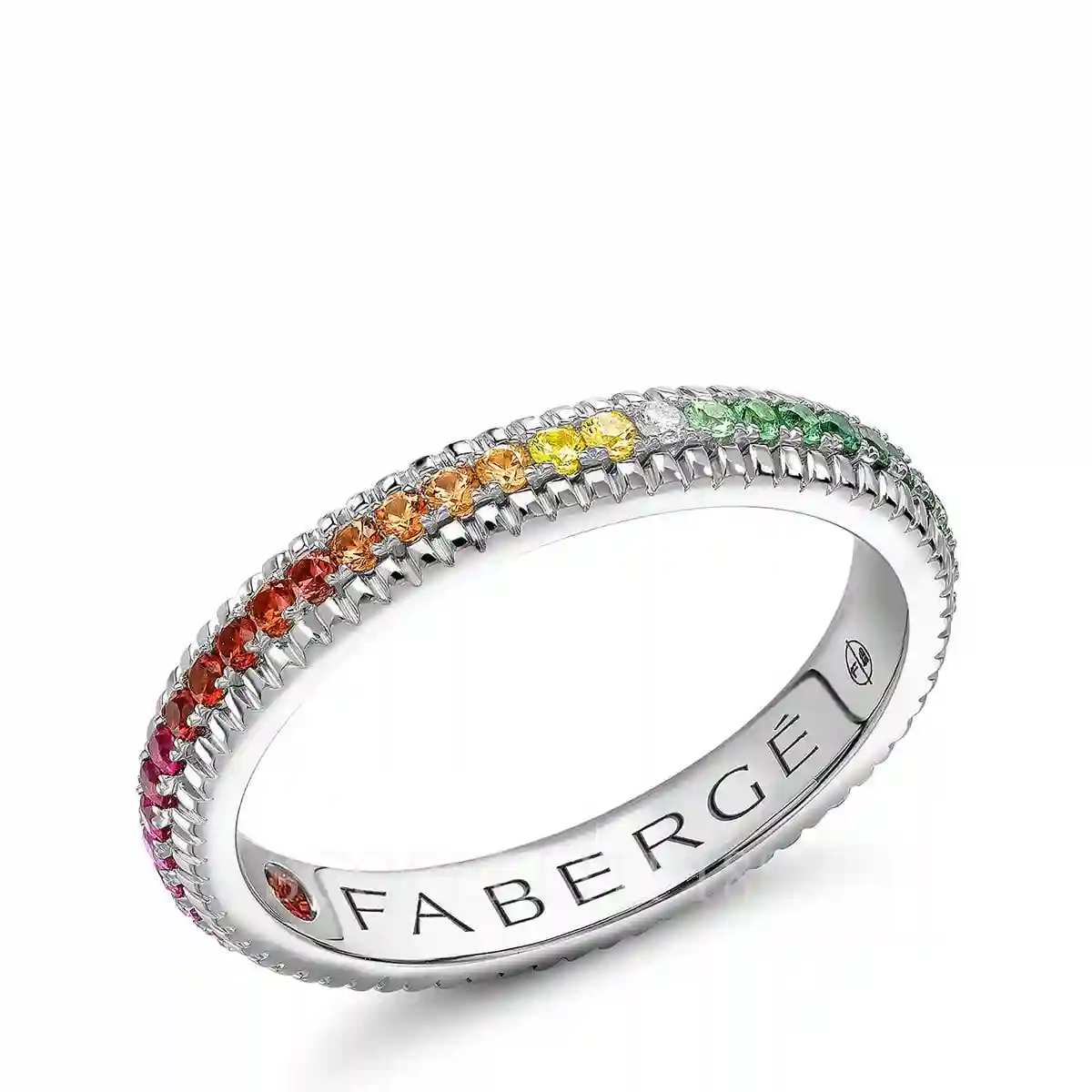 fabergé white gold eternity ring with rainbow gemstones
