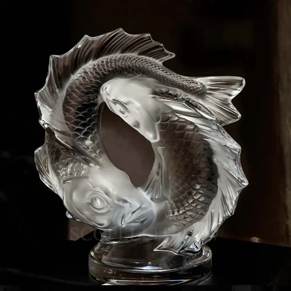 lalique double fish small sculpture clear crystal details black background