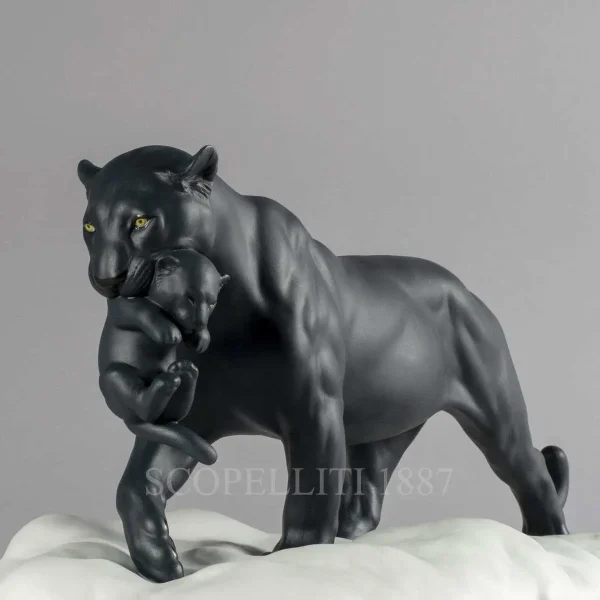 lladro black panther with cub figurine