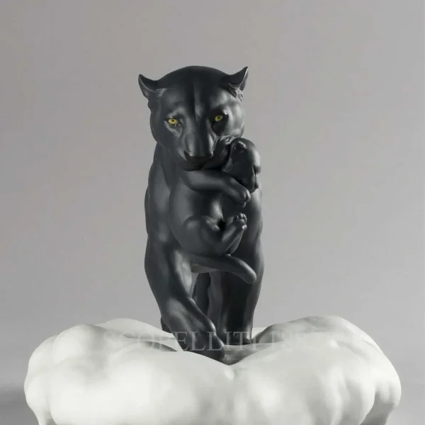 lladro black panther with cub figurine