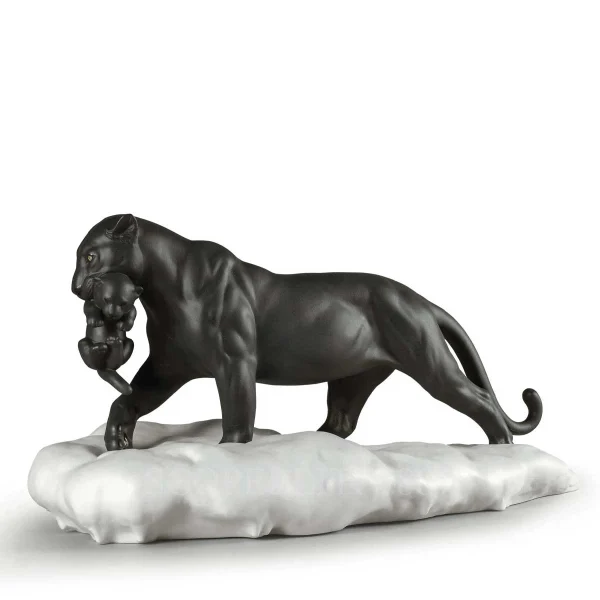 lladro black panther with cub figurine