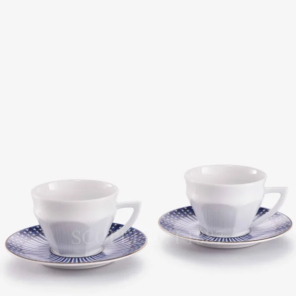 set of 2 baccarat tea cup and saucer arcadia in blue with gold detaling